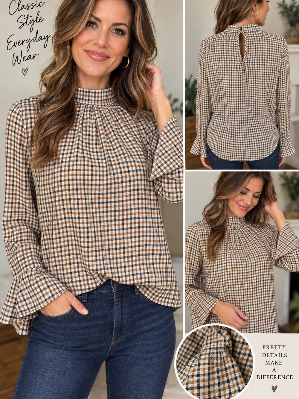 Women’s XL Plaid Blouse Tan Black White Ruffle Cuff High Neck Boho Long Sleeve